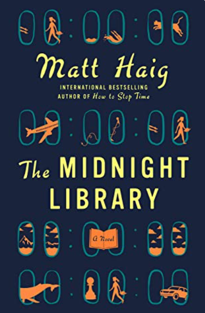 Cover of The Midnight Library by Matt Haig, Drawings of plane windows with figures and objects on a dark blue background